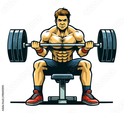 Vector illustration of a muscular man performing a heavy bench press with a barbell, showcasing strength and fitness.