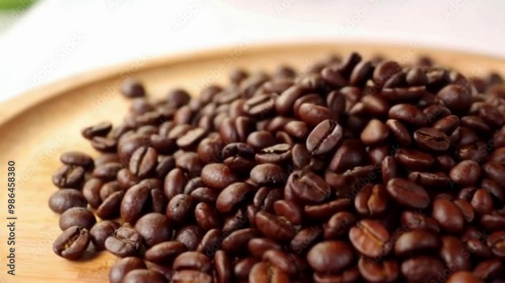 Whole coffee beans are sprinkled on a cutting board Whole coffee beans are sprinkled on a cutting board