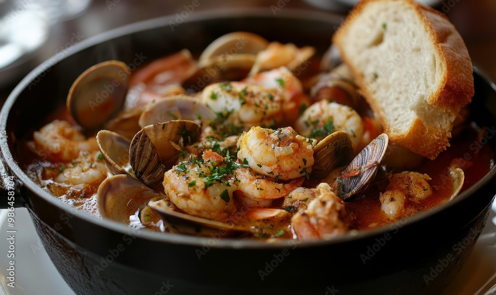 Seafood stew with bread in black bowl. Seafood stew with bread in black bowl.