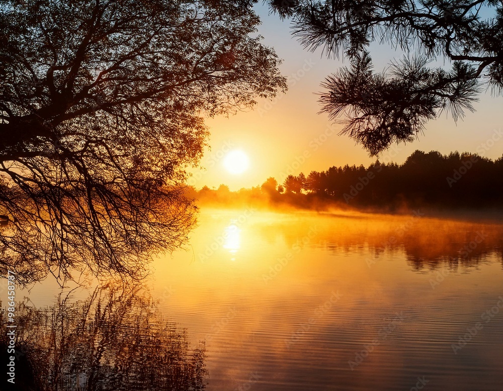 A serene lake with a misty, golden sunrise, framed by a silhouetted tree. Peaceful nature scene. A serene lake with a misty, golden sunrise, framed by a silhouetted tree. Peaceful nature scene.