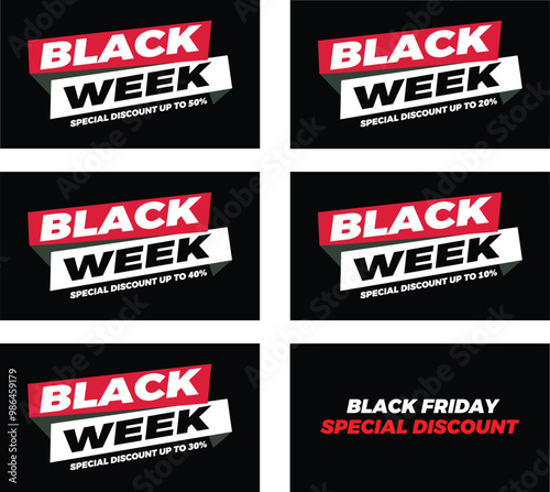 Black Week Clearance sale Modern promotion sticker, banner advertisement template of 50% , 40% , 30% , 20% , 10% off Vector illustration on black background combo pack