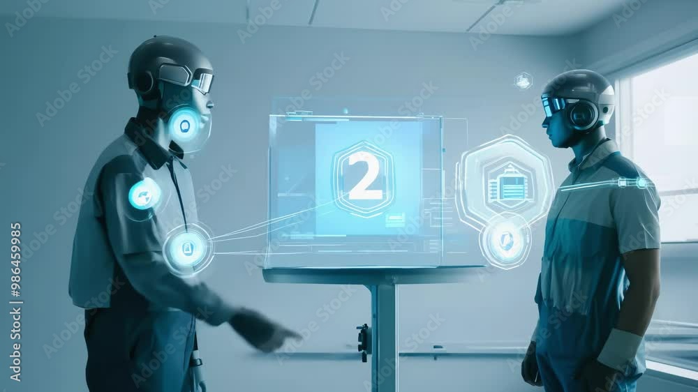 A humanoid robot assists a human in designing 3D models in real-time, with AI-driven systems glowing around them in a clean, sterile lab environment A humanoid robot assists a human in designing 3D models in real-time, with AI-driven systems glowing around them in a clean, sterile lab environment