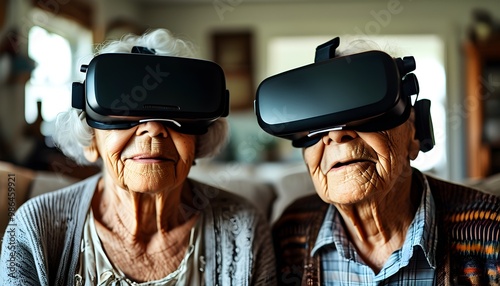 Elderly couple enjoying immersive virtual reality experience together at home