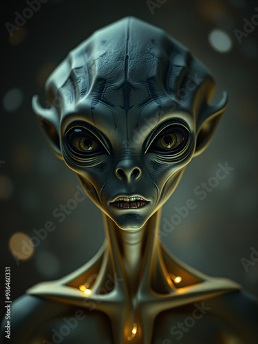 Image of a mysterious gray-skinned alien portrait with a blurred background. photo