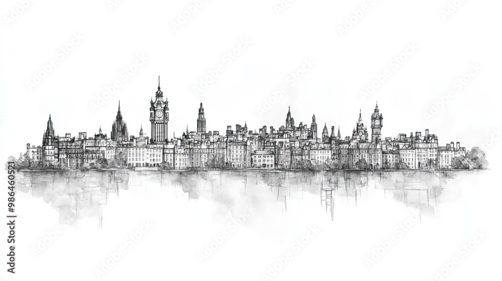 Fototapeta premium Aberdeen, United Kingdom, black and white pen pencil hand-drawn effect drawing illustration for travel poster, card, wallpaper, backdrop or banner. Modern, clear, artistic and simple