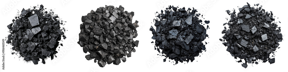 Obraz premium collection Set of Pile of black, charcoal-like material isolated on a transparent background cutout, PNG file. Mockup template