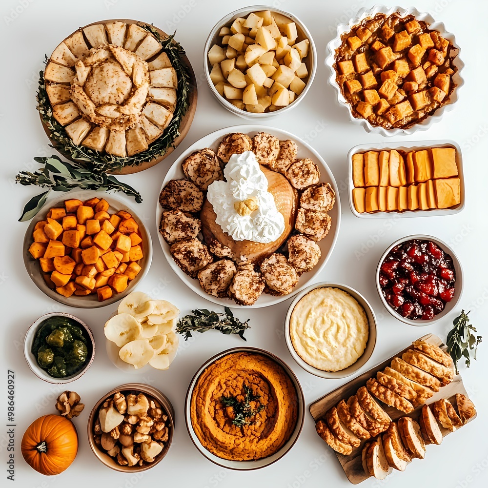 Fototapeta premium Festive Thanksgiving Dinner Spread on White Table