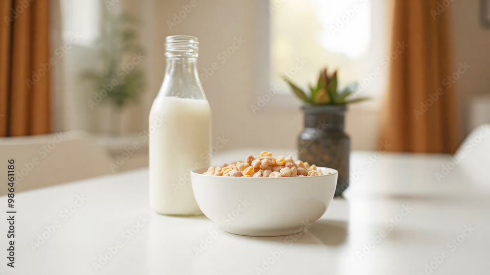 Cereal breakfast in a white bowl with a bottle of milk on a white dining table. Morning sunlight through the window, blurred background, Cereal breakfast in a white bowl with a bottle of milk on a white dining table. Morning sunlight through the window, blurred background,