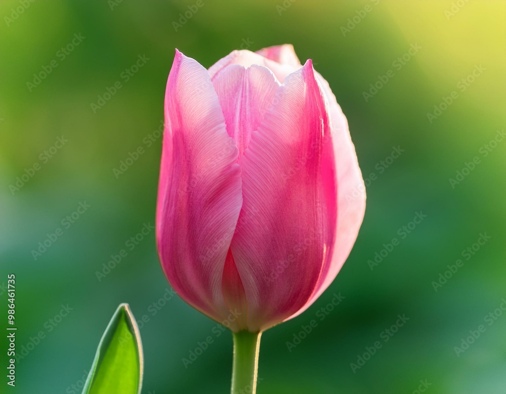 A single pink tulip bud blooms against a blurred green background. A single pink tulip bud blooms against a blurred green background.