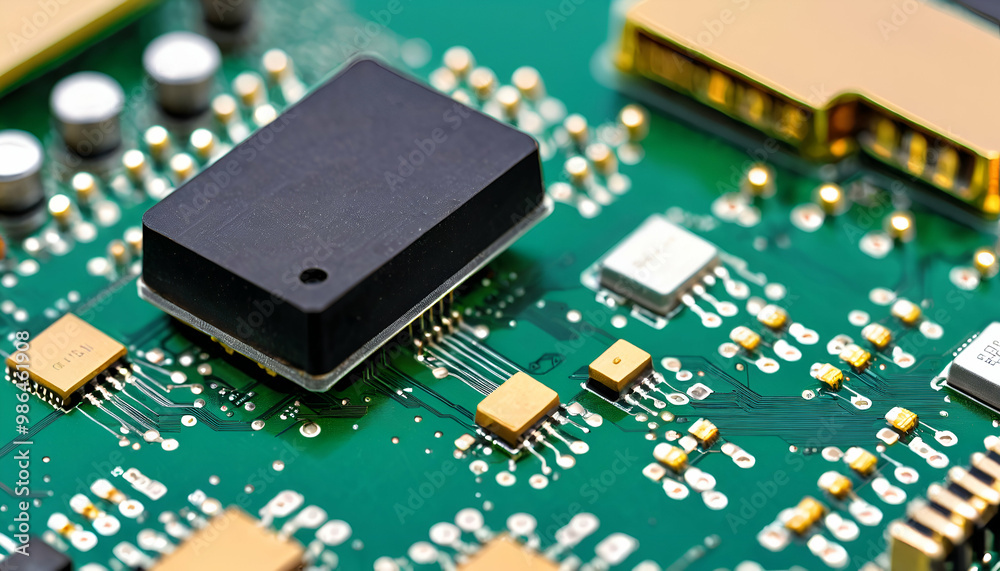Close-up image of a semiconductor wafer with intricate circuit patterns, metallic components, and reflective surfaces, set against a high-tech, sleek background Close-up image of a semiconductor wafer with intricate circuit patterns, metallic components, and reflective surfaces, set against a high-tech, sleek background