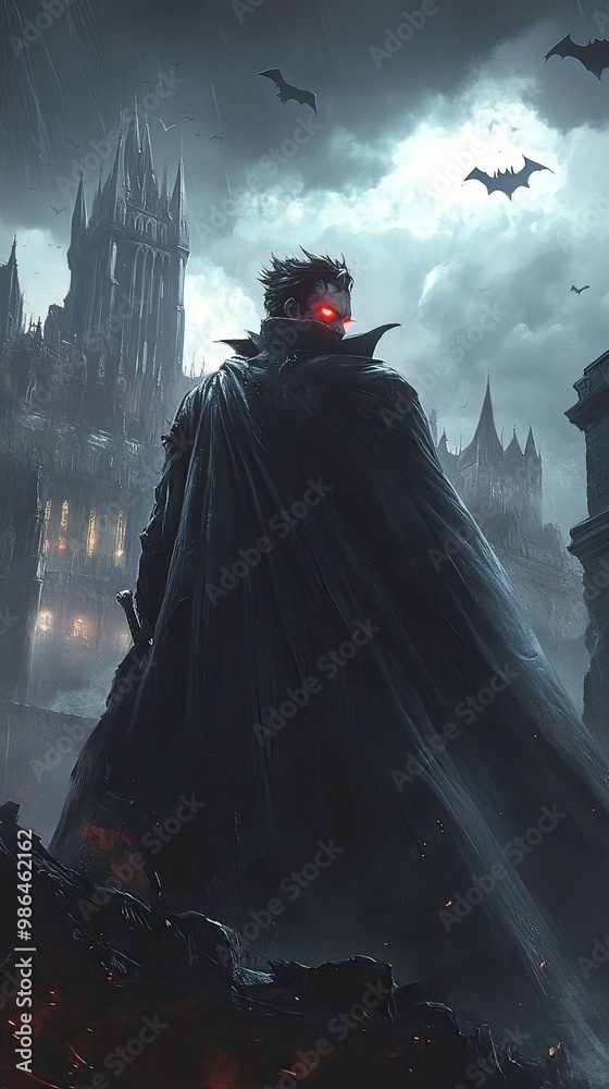 Sinister vampire in a black cape standing in front of a gothic castle, with glowing red eyes and sharp fangs, surrounded by dark, thunderous skies Sinister vampire in a black cape standing in front of a gothic castle, with glowing red eyes and sharp fangs, surrounded by dark, thunderous skies