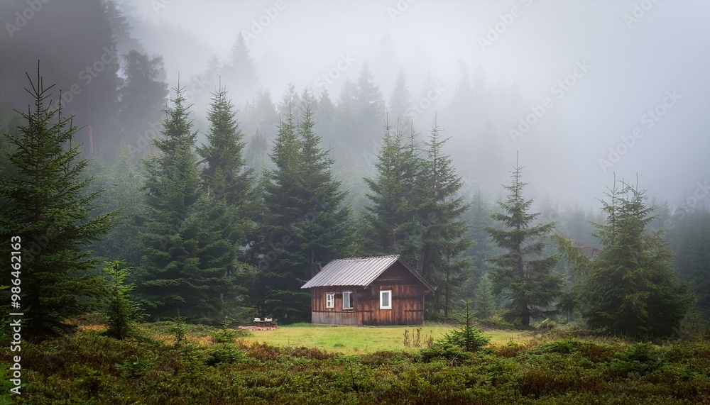 A small cabin nestled in a misty forest. A small cabin nestled in a misty forest.
