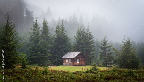 A small cabin nestled in a misty forest.