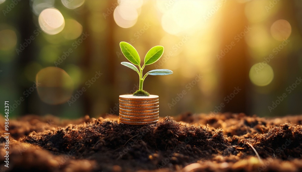 A small green plant sprouts from rich soil with a stack of coins, symbolizing growth and financial success. The background is a warm, blurry forest scene. A small green plant sprouts from rich soil with a stack of coins, symbolizing growth and financial success. The background is a warm, blurry forest scene.