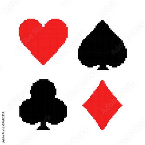 Pixelated playing card suits illustration. Simple pixel art of hearts, spades, clubs, and diamonds in red and black.