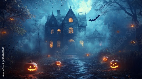 Spooky haunted house in the moonlit night, surrounded by fog and eerie trees, glowing jack-o'-lanterns lighting the path. Dark, mysterious atmosphere with bats flying in the sky