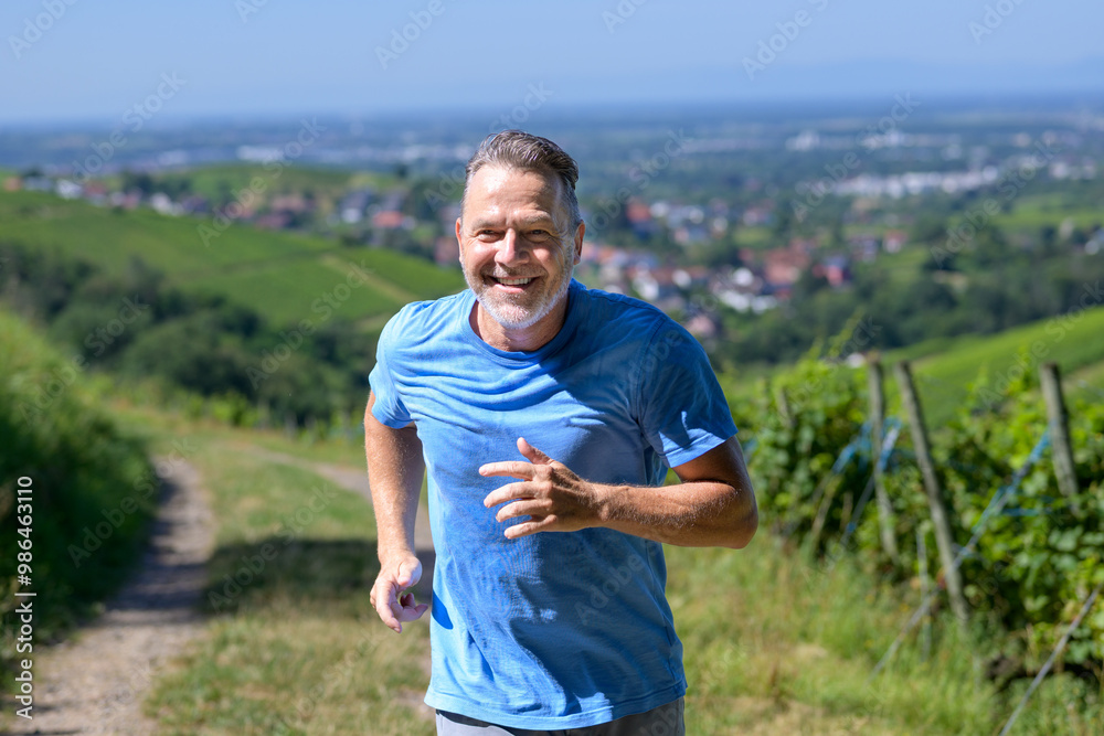 Fototapeta premium Running with a Smile Through the Vineyards