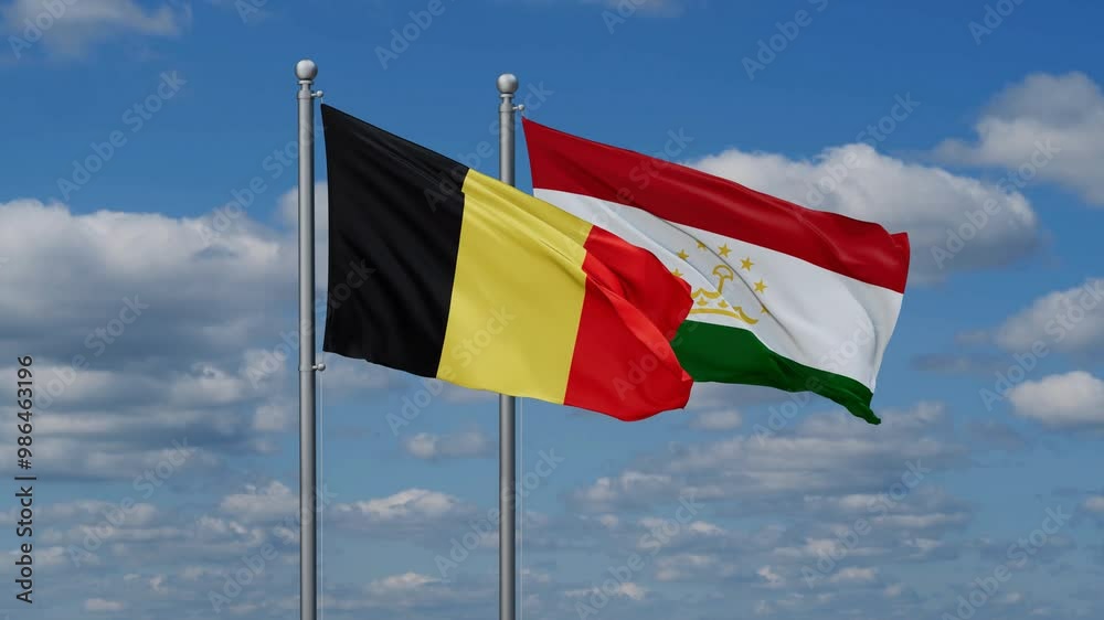 Tajikistan and Belgium two flags waving together, looped video, two country cooperation concept Tajikistan and Belgium two flags waving together, looped video, two country cooperation concept