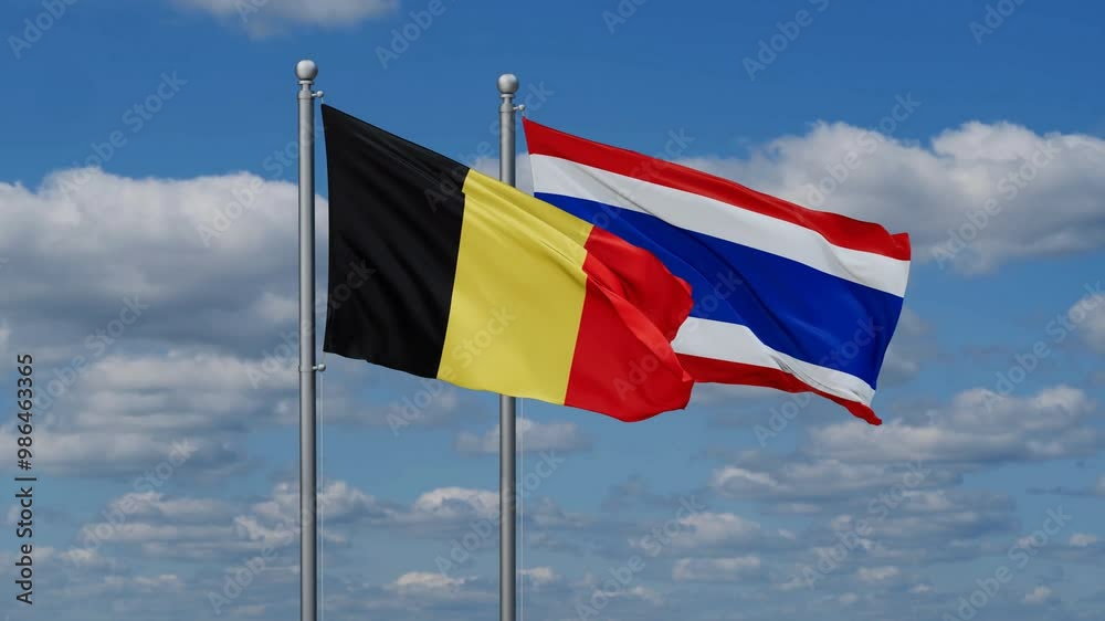 Kingdom of Thailand and Belgium flags flying together, video concept of the relationship, two country cooperation concept