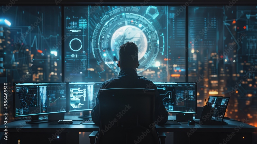 A software engineer coding with a holographic display in a sleek office, featuring a tech-savvy atmosphere in a cutting-edge tech company, incredibly detailed and realistic. A software engineer coding with a holographic display in a sleek office, featuring a tech-savvy atmosphere in a cutting-edge tech company, incredibly detailed and realistic.
