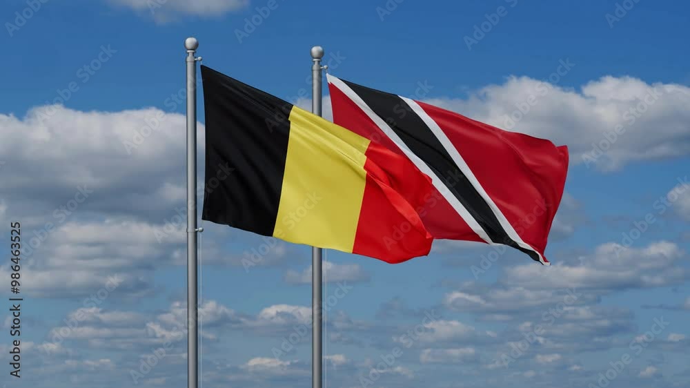 Trinidad and Tobago and Belgium flags flying together, video concept of the relationship, two country cooperation concept Trinidad and Tobago and Belgium flags flying together, video concept of the relationship, two country cooperation concept