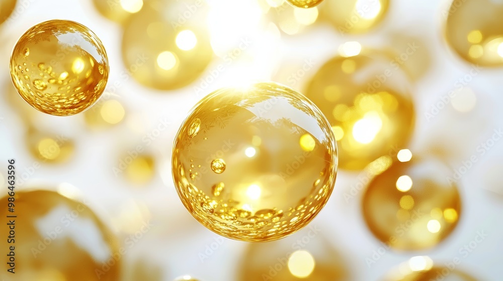 Golden yellow bubble oil or serum isolated on white background