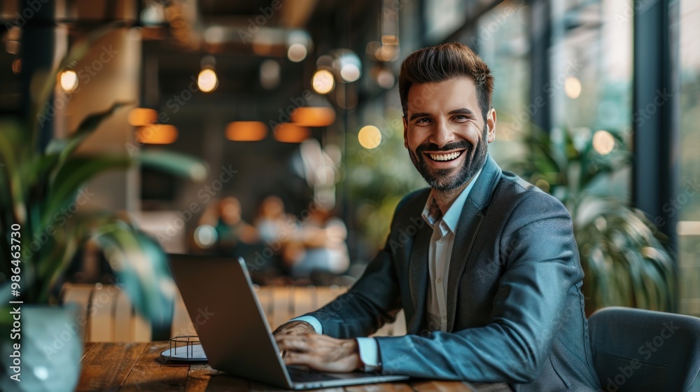 A happy office worker smiling brightly, typing on a laptop at a modern office desk. A happy office worker smiling brightly, typing on a laptop at a modern office desk.