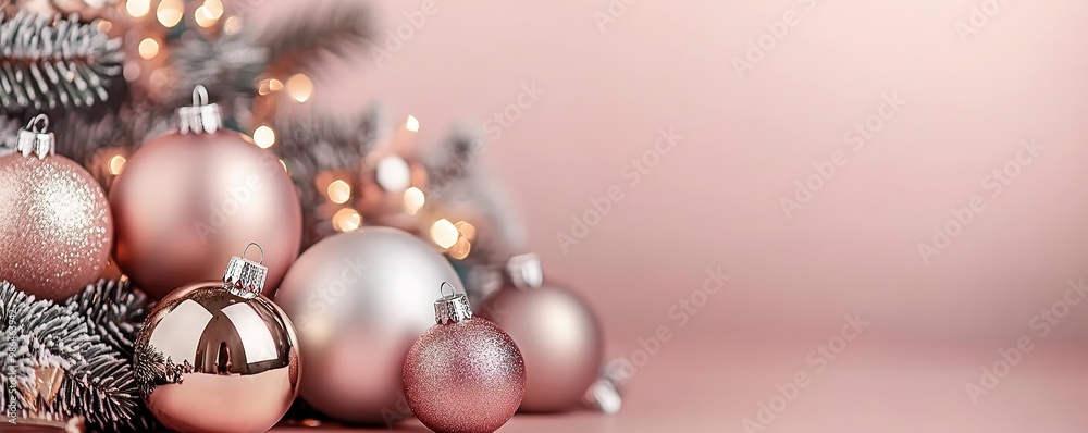 Rose gold Christmas balls with pine branches on pink background Rose gold Christmas balls with pine branches on pink background