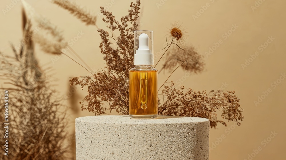 Serum or essential oil osmetic in bottle with pump on grey concrete stone podium dried flowers on beige background. Trendy natural organic spa concept. Minimal scene presentation mockup copy space Serum or essential oil osmetic in bottle with pump on grey concrete stone podium dried flowers on beige background. Trendy natural organic spa concept. Minimal scene presentation mockup copy space