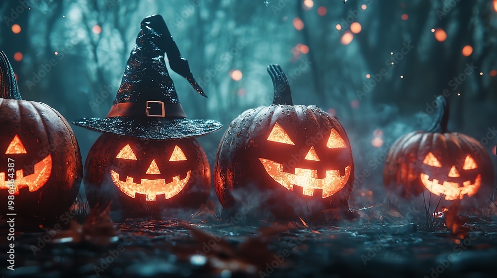 Fototapeta premium Halloween Jack o' lantern pumpkin in witch hat, burning candles on a spooky night, mysterious dark forest background. Halloween concept.