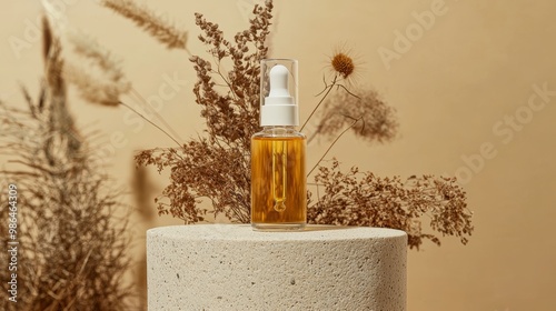 Serum or essential oil osmetic in bottle with pump on grey concrete stone podium dried flowers on beige background. Trendy natural organic spa concept. Minimal scene presentation mockup copy space photo