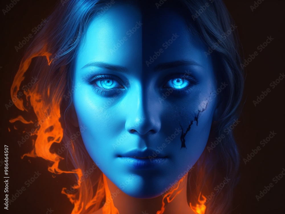 Generate an image of a woman's face half veiled in shadow, half illuminated by a fiery red glow, Generate an image of a woman's face half veiled in shadow, half illuminated by a fiery red glow,