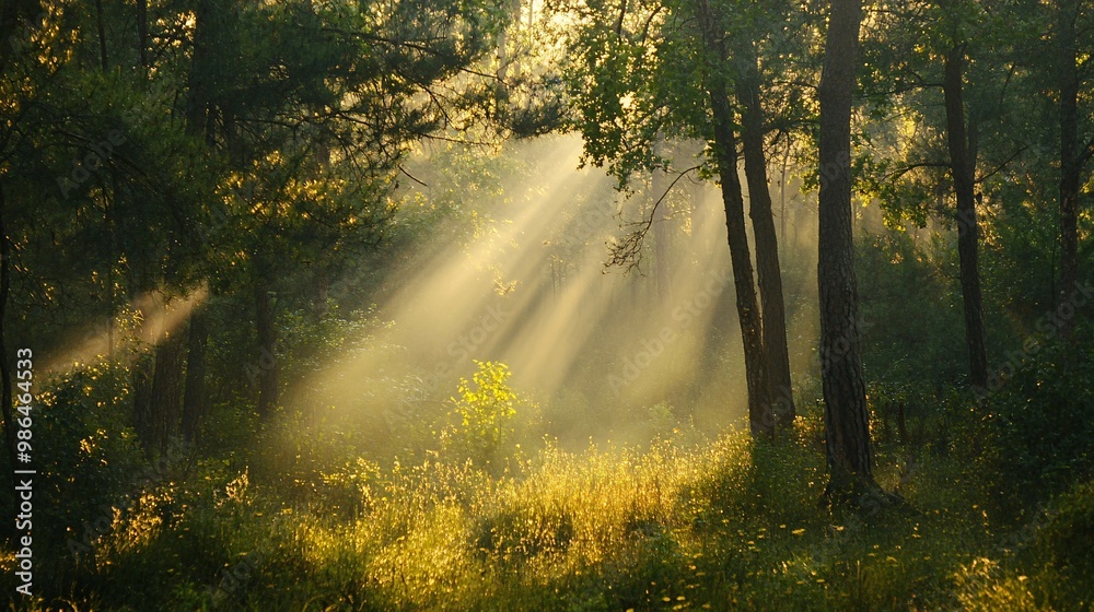 Obraz premium Sunbeams Piercing Through a Dense Forest Canopy