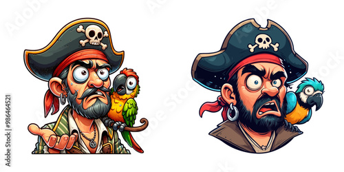 Vector illustration of two expressive pirates with parrots, wearing skull hats, showing humorous and exaggerated expressions.