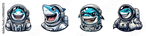 Vector illustration of four cartoon sharks wearing astronaut helmets, each with a unique expression, portraying a fun and adventurous space theme.
