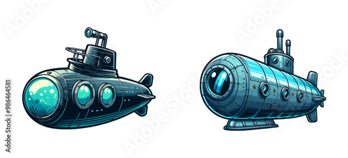 Vector illustration of two cartoon-style submarines with unique designs and vibrant colors, showcasing a playful underwater theme.