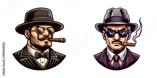 Vector illustration of two stylish gangsters wearing hats, sunglasses, and smoking cigars, each with a stern and confident look, embodying a classic mobster style.