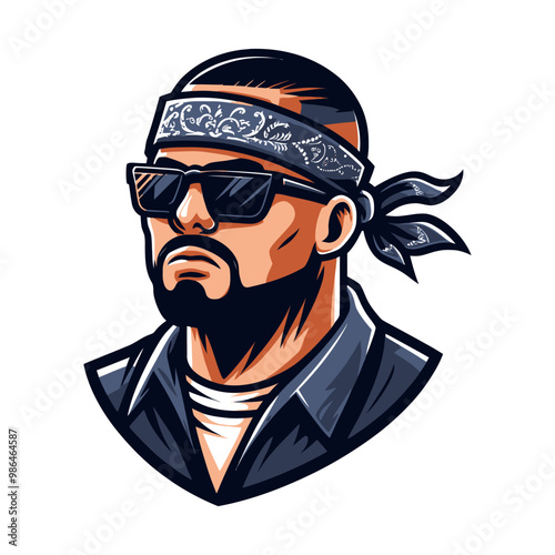 Vector illustration of a tough-looking man wearing sunglasses and a patterned bandana, with a confident expression, embodying a street-style gangster character.