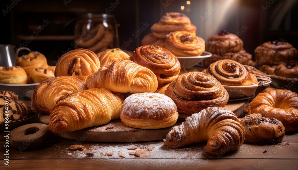 A table overflowing with freshly baked pastries, including donuts, croissants, and cinnamon rolls. A table overflowing with freshly baked pastries, including donuts, croissants, and cinnamon rolls.