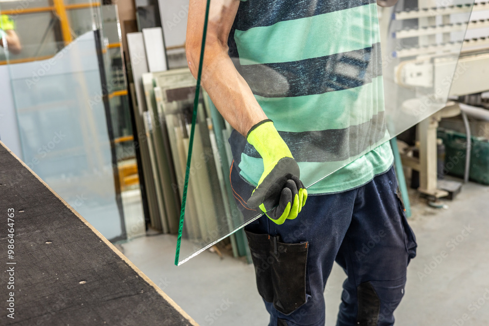 A glazier in a glass factory holds a large piece of glass in his hands, The concept of craftsmanship and industry, Working with glass