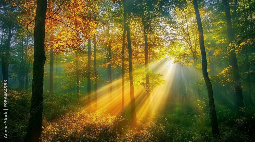 Sunbeams Illuminating a Foggy Forest Sunbeams Illuminating a Foggy Forest