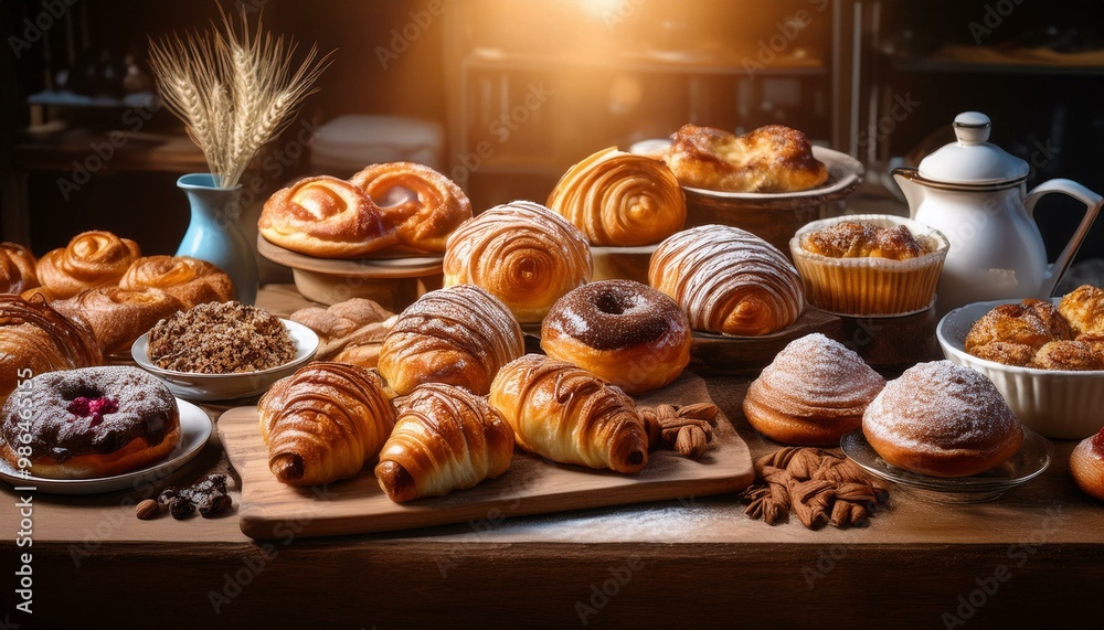 A table overflowing with freshly baked pastries, including donuts, croissants, and cinnamon rolls. A table overflowing with freshly baked pastries, including donuts, croissants, and cinnamon rolls.