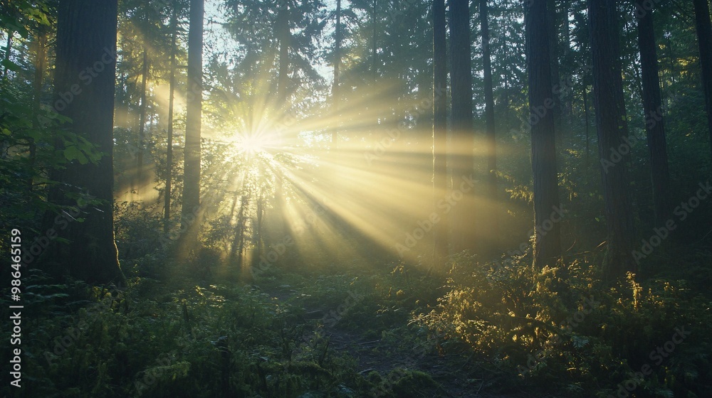 Sun Rays Illuminating a Misty Forest Sun Rays Illuminating a Misty Forest