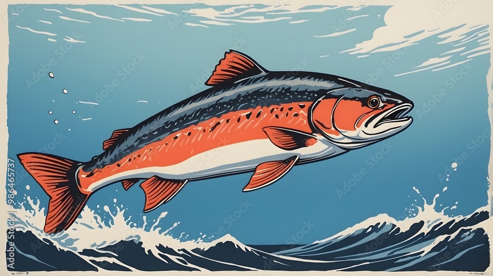 Fototapeta premium simple leaping salmon fish illustration with splash water background
