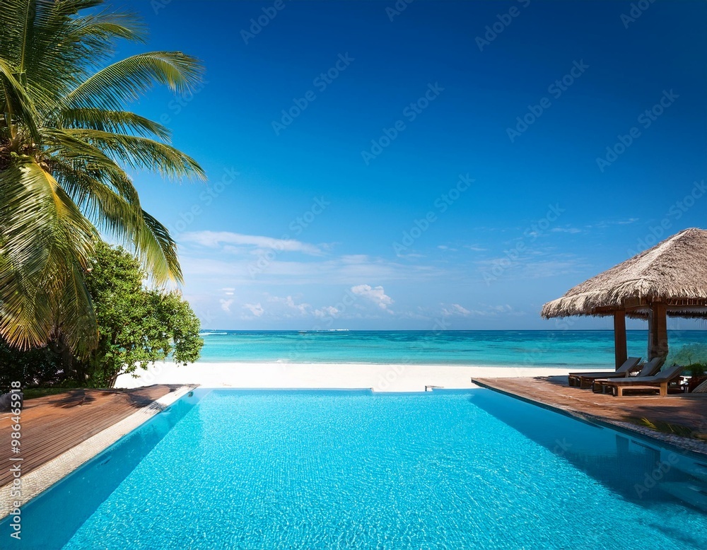 Fototapeta premium A tropical resort with a swimming pool overlooking a white sandy beach and crystal clear ocean.