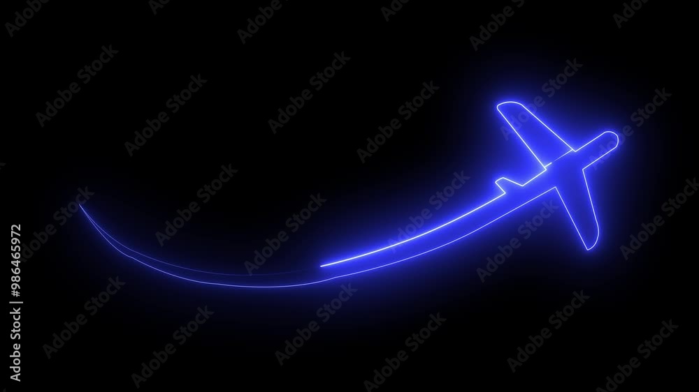 Airplane icon animation by blue neon on black background. Airplane icon animation by blue neon on black background.