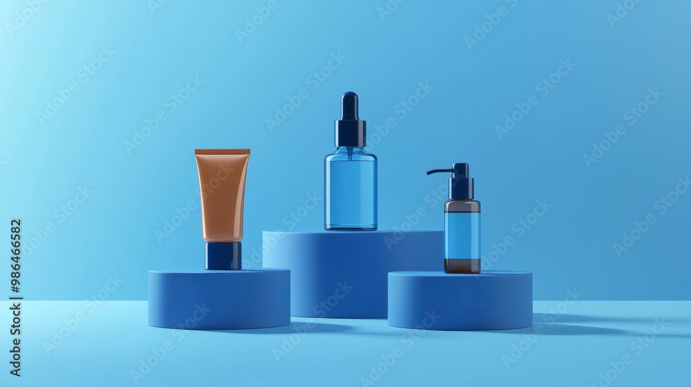 Three cosmetic product mockups on geometric podiums. Background for presentation of cosmetic