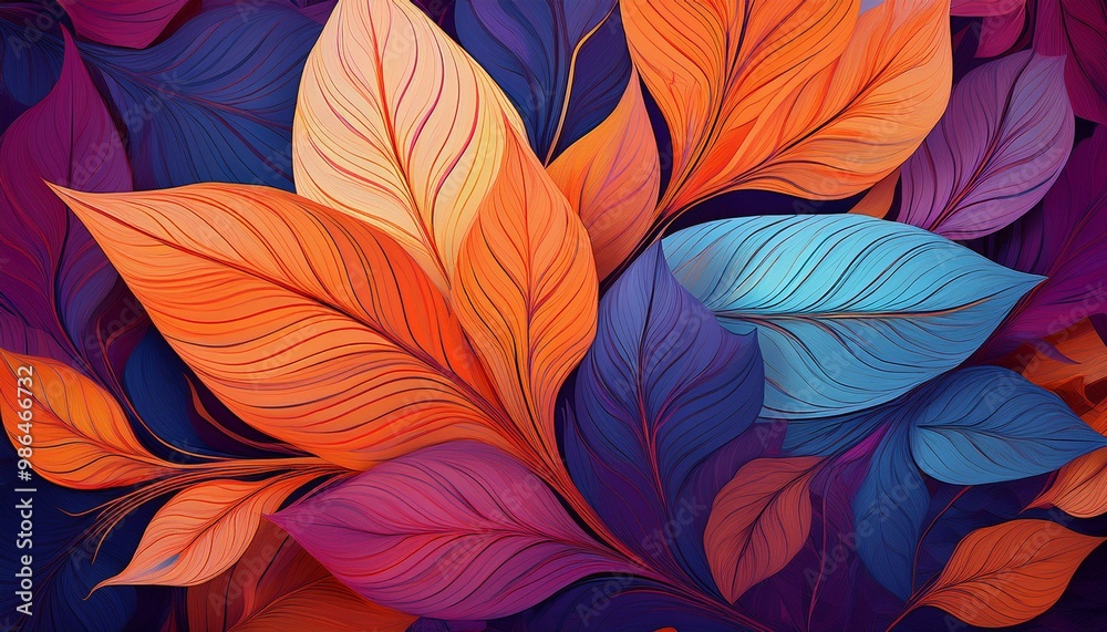 A vibrant and colorful abstract pattern of autumn leaves in shades of orange, purple, and blue. A vibrant and colorful abstract pattern of autumn leaves in shades of orange, purple, and blue.