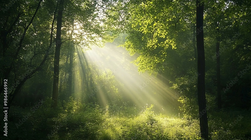 Obraz premium Sunlight Filtering Through a Dense Forest Canopy