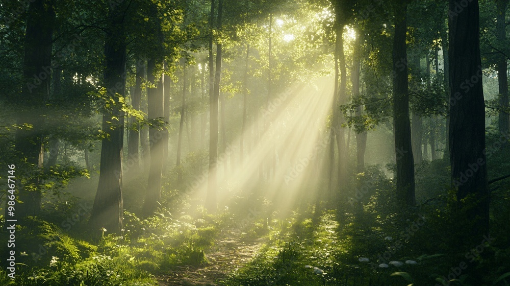 Fototapeta premium Sunbeams Illuminating a Misty Forest Path